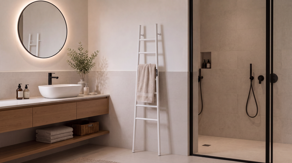 Bagno con scalda salviette ECHELLE 80 watt di colore bianco / Bathroom with white 80 W ECHELLE towel warmer / Badezimmer mit weißem ECHELLE-Handtuchheizkörper, 80 W