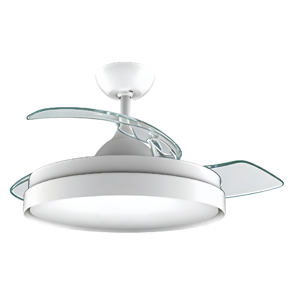 Ventilatore a soffitto RUOTA HIDE bianco con pale a scomparsa / White ceiling fan RUOTA HIDE with retractable blades / RUOTA HIDE Weißer Deckenventilator mit ausklappbaren Flügeln