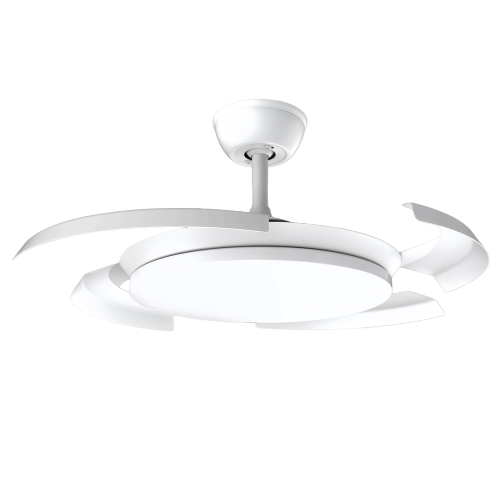 Ventilatore a soffitto RUOTA MINIMAL bianco con pale a scomparsa / White ceiling fan RUOTA MINIMAL with retractable blades / RUOTA MINIMAL Weißer Deckenventilator mit ausklappbaren Flügeln