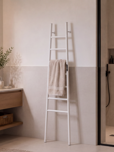 Bagno con scalda salviette ECHELLE 80 watt di colore bianco / Bathroom with white 80 W ECHELLE towel warmer / Badezimmer mit weißem ECHELLE-Handtuchheizkörper, 80 W